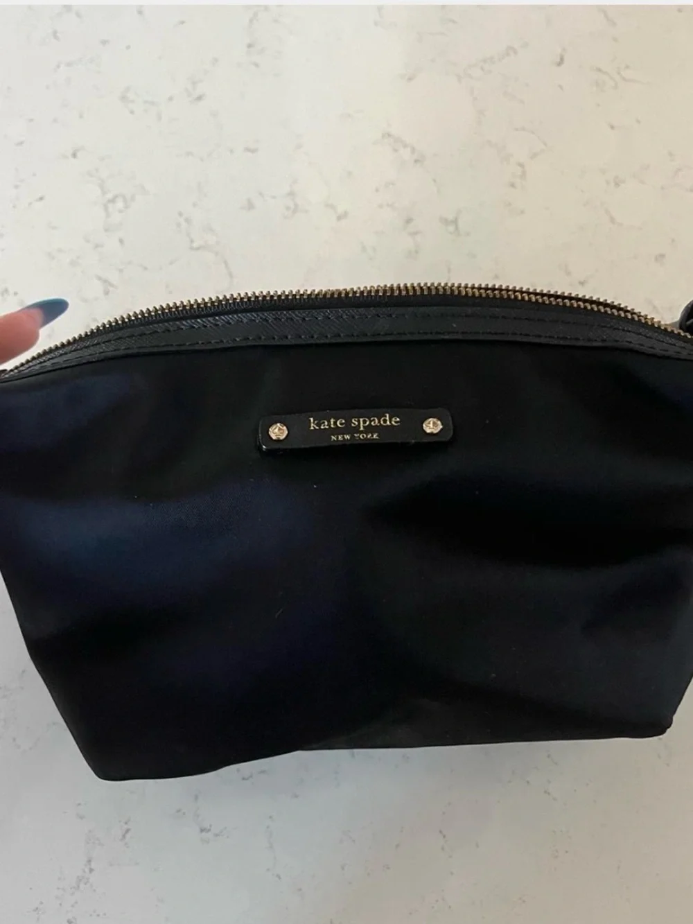 kate spade black nylon zip cosmetic pouch with gold-tone zipper